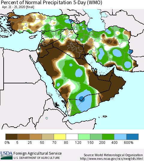 Middle East and Turkey Percent of Normal Precipitation 5-Day (WMO) Thematic Map For 4/21/2020 - 4/25/2020