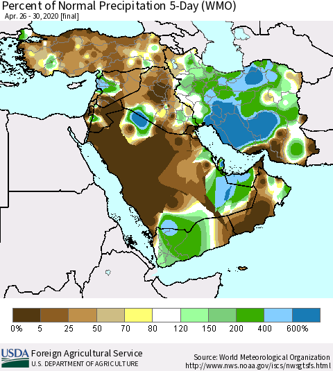 Middle East and Turkey Percent of Normal Precipitation 5-Day (WMO) Thematic Map For 4/26/2020 - 4/30/2020