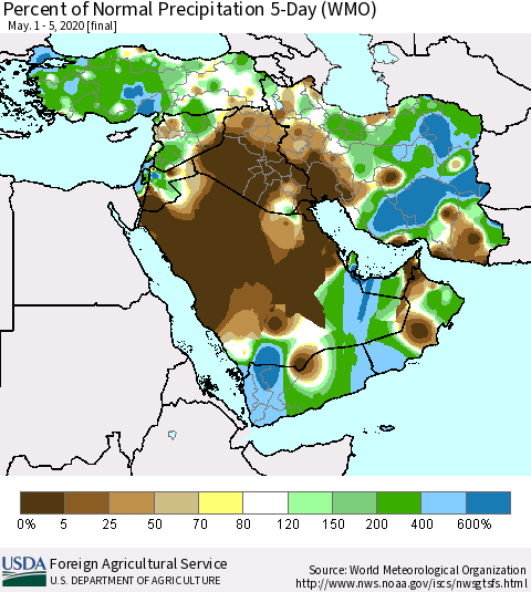 Middle East and Turkey Percent of Normal Precipitation 5-Day (WMO) Thematic Map For 5/1/2020 - 5/5/2020