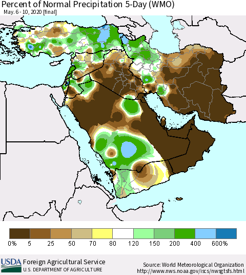 Middle East and Turkey Percent of Normal Precipitation 5-Day (WMO) Thematic Map For 5/6/2020 - 5/10/2020
