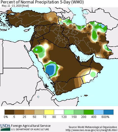 Middle East and Turkey Percent of Normal Precipitation 5-Day (WMO) Thematic Map For 5/11/2020 - 5/15/2020