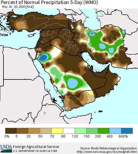 Middle East and Turkey Percent of Normal Precipitation 5-Day (WMO) Thematic Map For 5/16/2020 - 5/20/2020