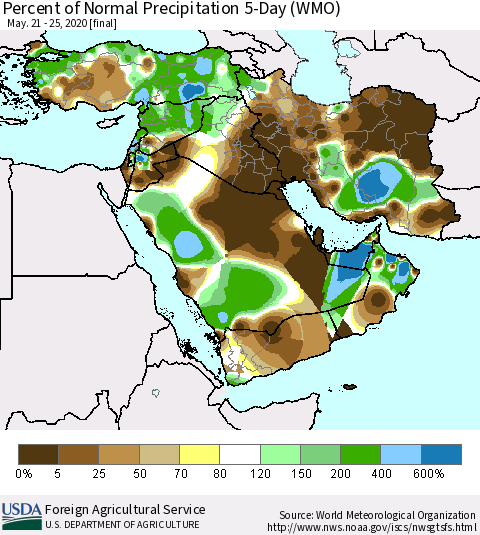 Middle East and Turkey Percent of Normal Precipitation 5-Day (WMO) Thematic Map For 5/21/2020 - 5/25/2020