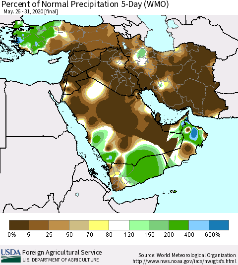 Middle East and Turkey Percent of Normal Precipitation 5-Day (WMO) Thematic Map For 5/26/2020 - 5/31/2020