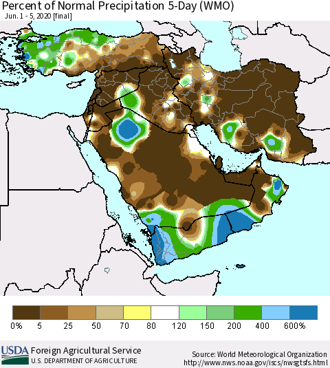 Middle East and Turkey Percent of Normal Precipitation 5-Day (WMO) Thematic Map For 6/1/2020 - 6/5/2020