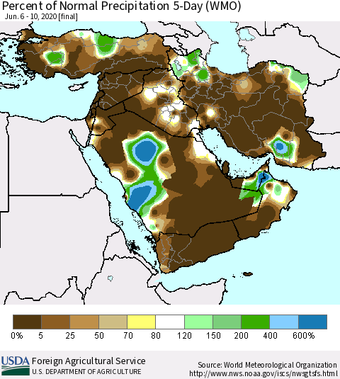 Middle East and Turkey Percent of Normal Precipitation 5-Day (WMO) Thematic Map For 6/6/2020 - 6/10/2020