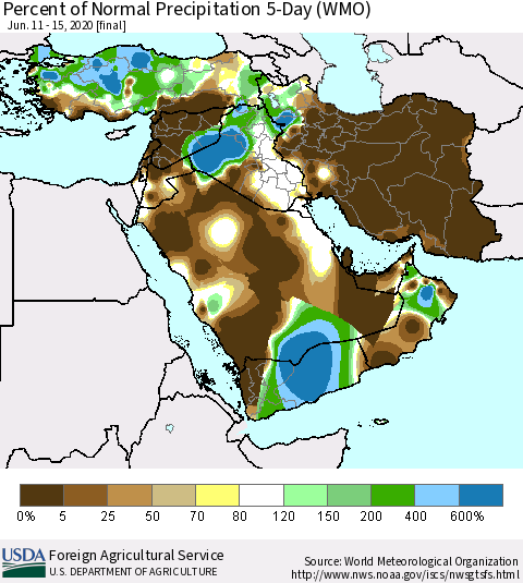 Middle East and Turkey Percent of Normal Precipitation 5-Day (WMO) Thematic Map For 6/11/2020 - 6/15/2020