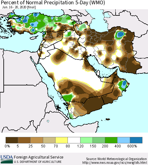 Middle East and Turkey Percent of Normal Precipitation 5-Day (WMO) Thematic Map For 6/16/2020 - 6/20/2020