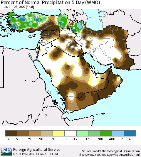 Middle East and Turkey Percent of Normal Precipitation 5-Day (WMO) Thematic Map For 6/21/2020 - 6/25/2020