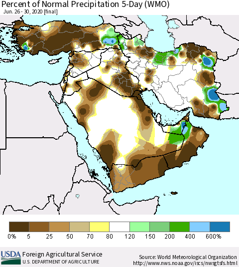 Middle East and Turkey Percent of Normal Precipitation 5-Day (WMO) Thematic Map For 6/26/2020 - 6/30/2020