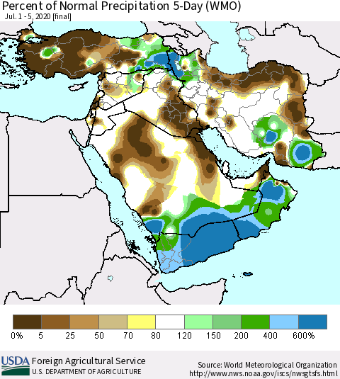 Middle East and Turkey Percent of Normal Precipitation 5-Day (WMO) Thematic Map For 7/1/2020 - 7/5/2020