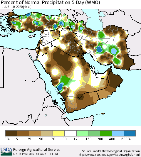 Middle East and Turkey Percent of Normal Precipitation 5-Day (WMO) Thematic Map For 7/6/2020 - 7/10/2020