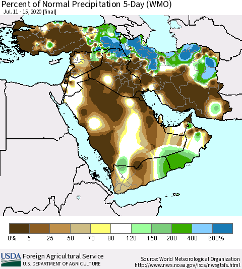 Middle East and Turkey Percent of Normal Precipitation 5-Day (WMO) Thematic Map For 7/11/2020 - 7/15/2020