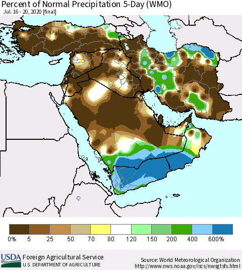 Middle East and Turkey Percent of Normal Precipitation 5-Day (WMO) Thematic Map For 7/16/2020 - 7/20/2020