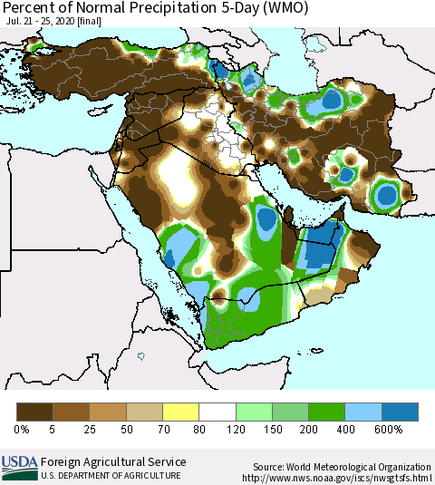Middle East and Turkey Percent of Normal Precipitation 5-Day (WMO) Thematic Map For 7/21/2020 - 7/25/2020