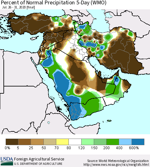 Middle East and Turkey Percent of Normal Precipitation 5-Day (WMO) Thematic Map For 7/26/2020 - 7/31/2020