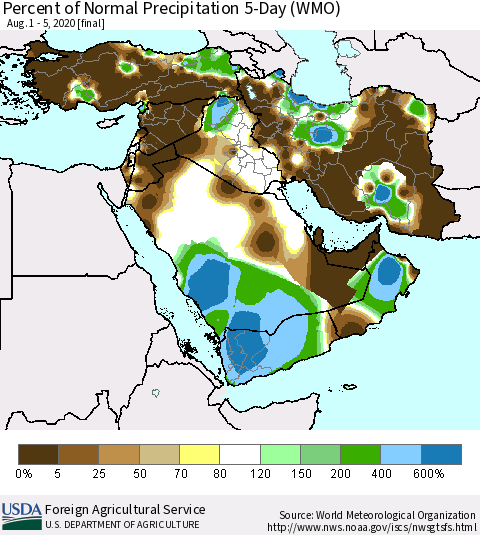 Middle East and Turkey Percent of Normal Precipitation 5-Day (WMO) Thematic Map For 8/1/2020 - 8/5/2020