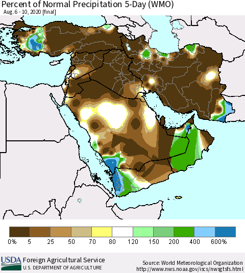 Middle East and Turkey Percent of Normal Precipitation 5-Day (WMO) Thematic Map For 8/6/2020 - 8/10/2020