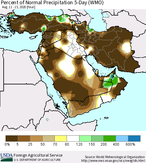 Middle East and Turkey Percent of Normal Precipitation 5-Day (WMO) Thematic Map For 8/11/2020 - 8/15/2020