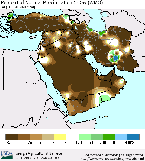 Middle East and Turkey Percent of Normal Precipitation 5-Day (WMO) Thematic Map For 8/16/2020 - 8/20/2020