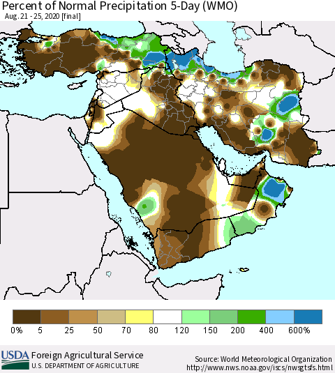Middle East and Turkey Percent of Normal Precipitation 5-Day (WMO) Thematic Map For 8/21/2020 - 8/25/2020