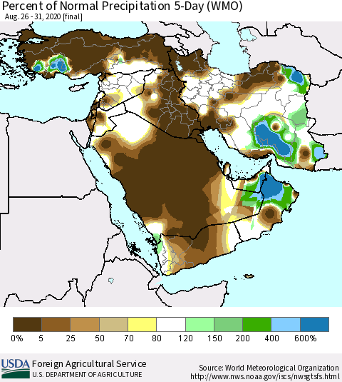 Middle East and Turkey Percent of Normal Precipitation 5-Day (WMO) Thematic Map For 8/26/2020 - 8/31/2020