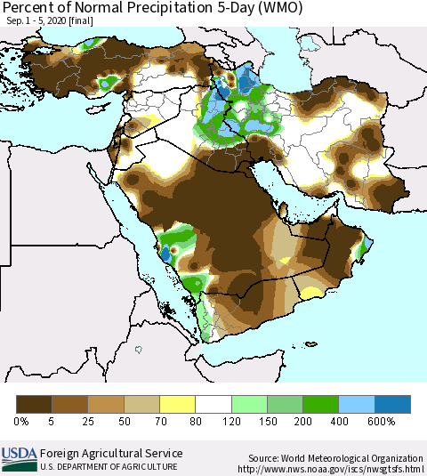 Middle East and Turkey Percent of Normal Precipitation 5-Day (WMO) Thematic Map For 9/1/2020 - 9/5/2020