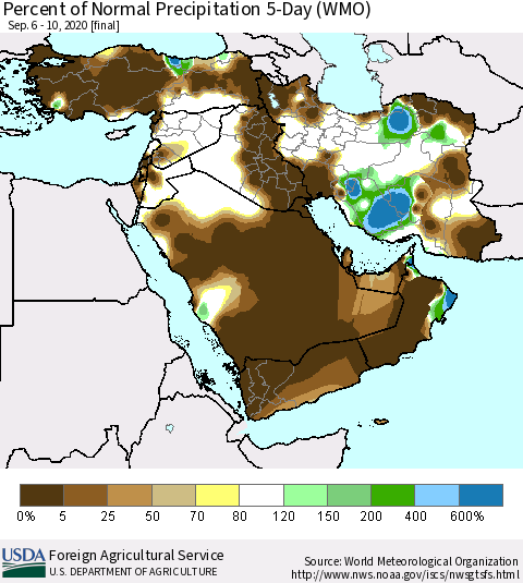 Middle East and Turkey Percent of Normal Precipitation 5-Day (WMO) Thematic Map For 9/6/2020 - 9/10/2020