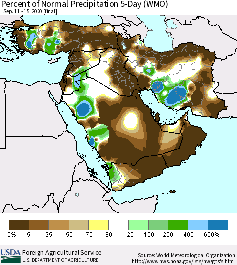 Middle East and Turkey Percent of Normal Precipitation 5-Day (WMO) Thematic Map For 9/11/2020 - 9/15/2020
