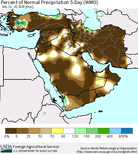 Middle East and Turkey Percent of Normal Precipitation 5-Day (WMO) Thematic Map For 9/16/2020 - 9/20/2020