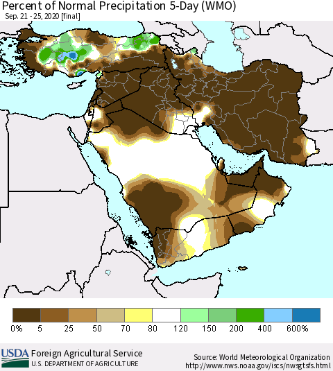 Middle East and Turkey Percent of Normal Precipitation 5-Day (WMO) Thematic Map For 9/21/2020 - 9/25/2020