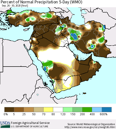 Middle East and Turkey Percent of Normal Precipitation 5-Day (WMO) Thematic Map For 9/26/2020 - 9/30/2020