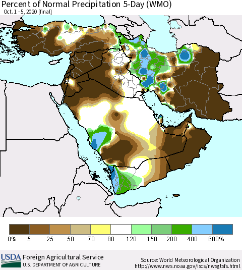 Middle East and Turkey Percent of Normal Precipitation 5-Day (WMO) Thematic Map For 10/1/2020 - 10/5/2020
