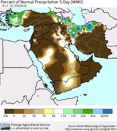 Middle East and Turkey Percent of Normal Precipitation 5-Day (WMO) Thematic Map For 10/6/2020 - 10/10/2020