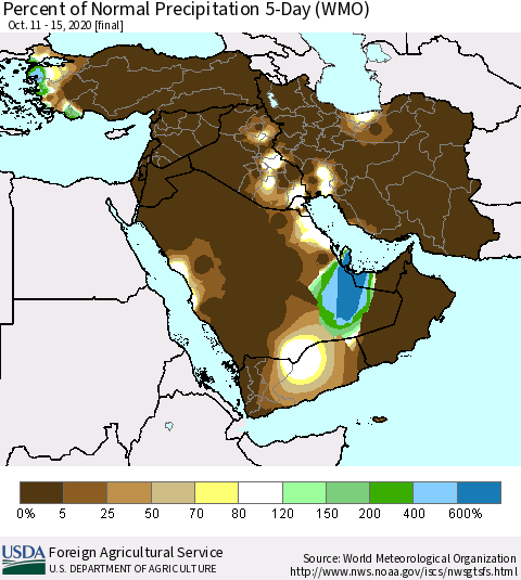 Middle East and Turkey Percent of Normal Precipitation 5-Day (WMO) Thematic Map For 10/11/2020 - 10/15/2020