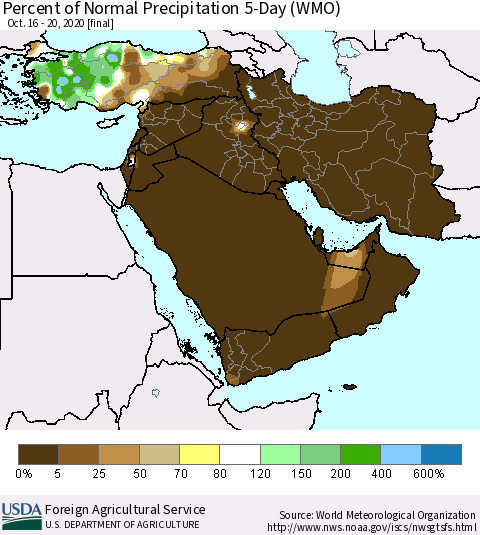 Middle East and Turkey Percent of Normal Precipitation 5-Day (WMO) Thematic Map For 10/16/2020 - 10/20/2020
