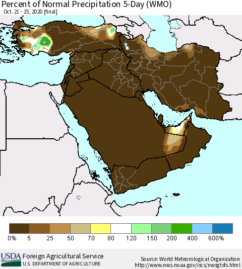 Middle East and Turkey Percent of Normal Precipitation 5-Day (WMO) Thematic Map For 10/21/2020 - 10/25/2020