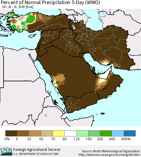 Middle East and Turkey Percent of Normal Precipitation 5-Day (WMO) Thematic Map For 10/26/2020 - 10/31/2020