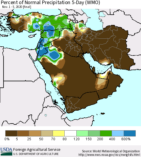 Middle East and Turkey Percent of Normal Precipitation 5-Day (WMO) Thematic Map For 11/1/2020 - 11/5/2020