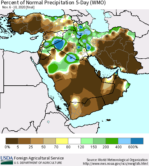 Middle East and Turkey Percent of Normal Precipitation 5-Day (WMO) Thematic Map For 11/6/2020 - 11/10/2020