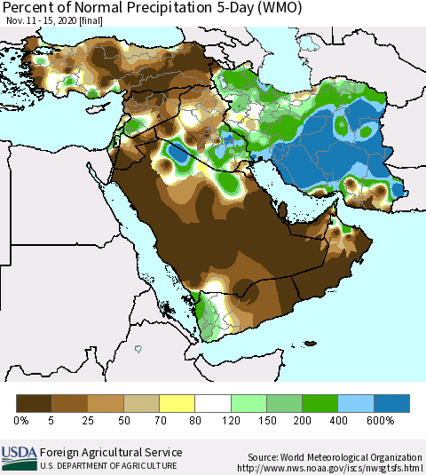 Middle East and Turkey Percent of Normal Precipitation 5-Day (WMO) Thematic Map For 11/11/2020 - 11/15/2020