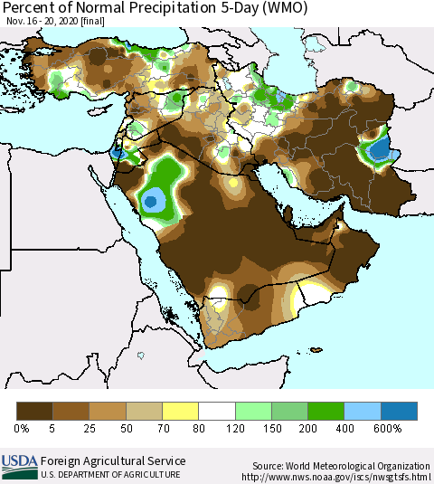 Middle East and Turkey Percent of Normal Precipitation 5-Day (WMO) Thematic Map For 11/16/2020 - 11/20/2020