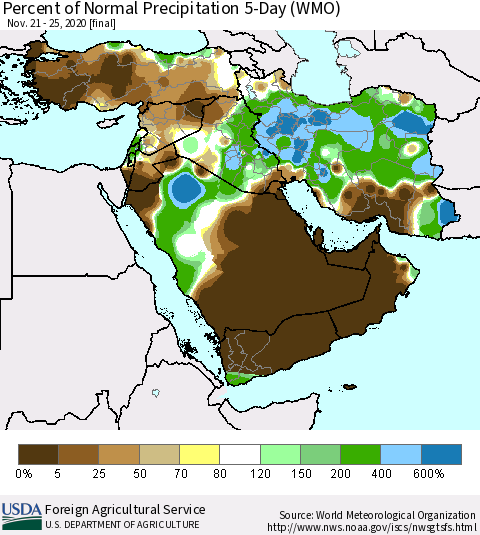 Middle East and Turkey Percent of Normal Precipitation 5-Day (WMO) Thematic Map For 11/21/2020 - 11/25/2020