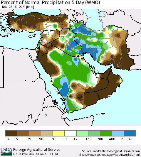 Middle East and Turkey Percent of Normal Precipitation 5-Day (WMO) Thematic Map For 11/26/2020 - 11/30/2020