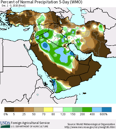 Middle East and Turkey Percent of Normal Precipitation 5-Day (WMO) Thematic Map For 12/1/2020 - 12/5/2020