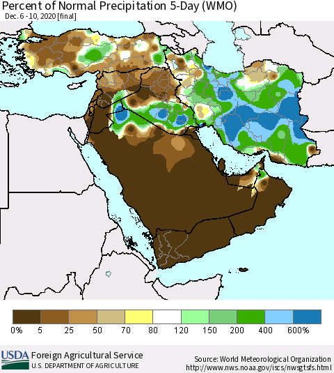 Middle East and Turkey Percent of Normal Precipitation 5-Day (WMO) Thematic Map For 12/6/2020 - 12/10/2020