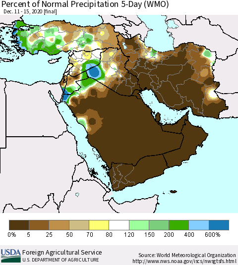Middle East and Turkey Percent of Normal Precipitation 5-Day (WMO) Thematic Map For 12/11/2020 - 12/15/2020