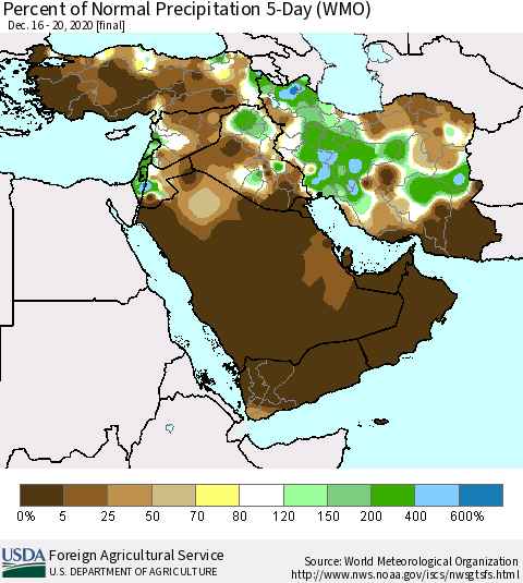 Middle East and Turkey Percent of Normal Precipitation 5-Day (WMO) Thematic Map For 12/16/2020 - 12/20/2020