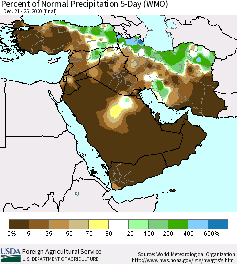 Middle East and Turkey Percent of Normal Precipitation 5-Day (WMO) Thematic Map For 12/21/2020 - 12/25/2020