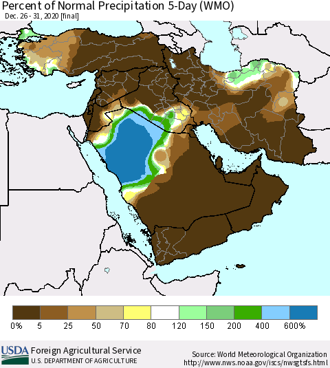 Middle East and Turkey Percent of Normal Precipitation 5-Day (WMO) Thematic Map For 12/26/2020 - 12/31/2020